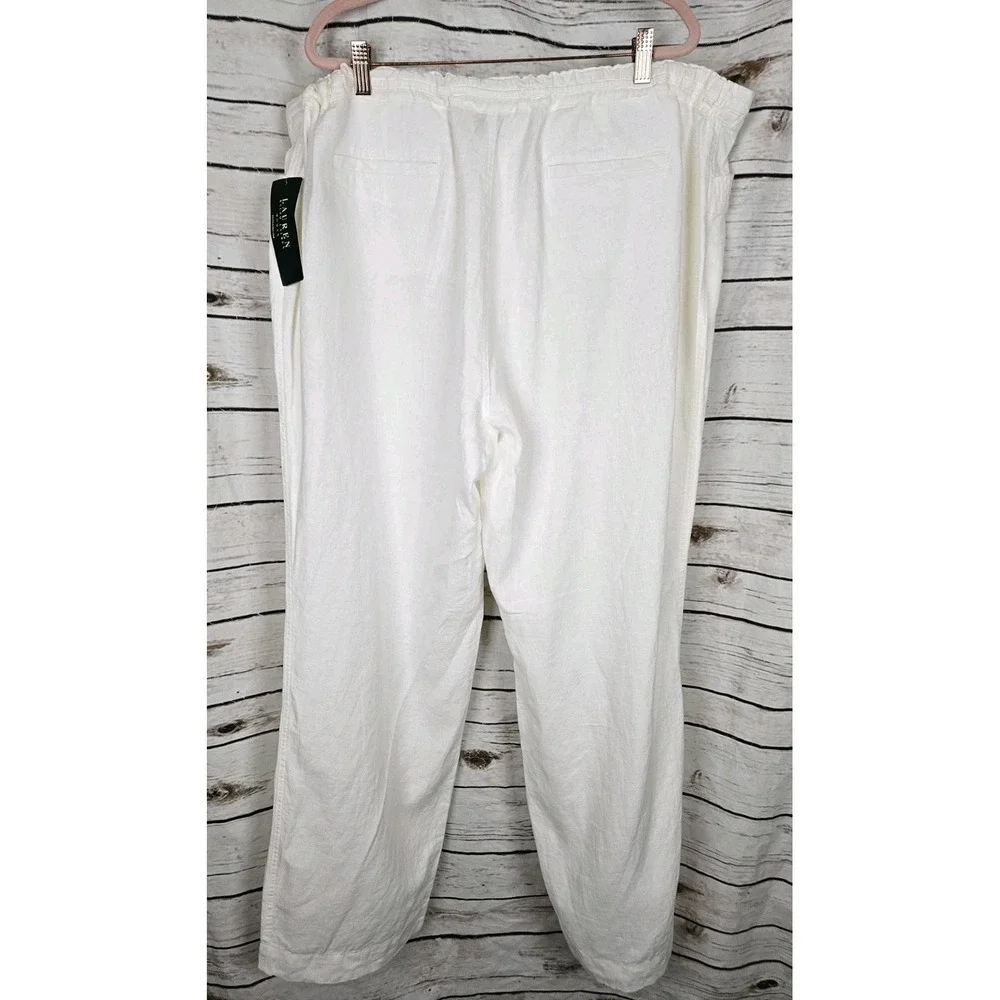 Ralph Lauren White 100% Linen Pants 20W NEW Wide Leg Womens Coastal Drawstring
